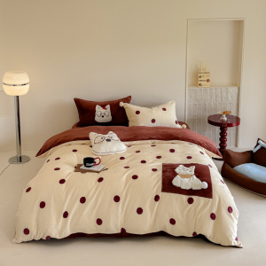 可爱230克全消光牛奶绒床上四件套卡通印花刺绣被套加厚床单枕套4