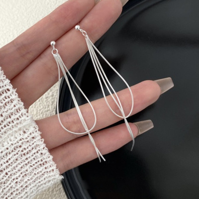 s925纯银蛇骨链流苏耳钉女气质长款耳环方圆脸显瘦冷淡风耳饰批发送女朋友老婆情人节七夕生日礼物