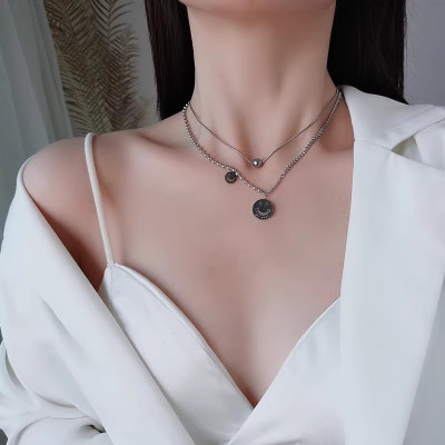 钛钢不掉色圆珠笑脸两件套项链女高级感气质百搭网红锁骨链颈链潮送女朋友老婆情人节七夕生日礼物