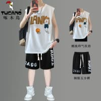 啄木鸟新款夏季纯棉背心坎肩男孩无袖T恤青少年学生潮流帅气套装