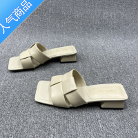 SUNTEK2023夏季新款女鞋编织露趾粗跟外穿一字拖鞋凉拖高跟鞋