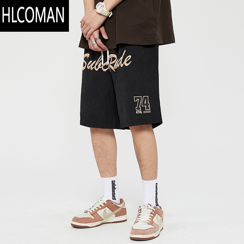 HLCOMAN潮牌欧美高街字母发泡直筒阔腿短裤男夏季oversize运动五分中裤子