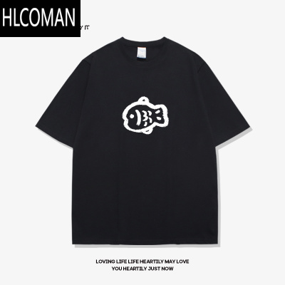 HLCOMAN小胖鱼美式潮牌短袖男黑色宽松休闲夏季新款t恤