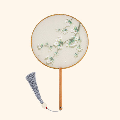 丝质团扇古风扇子女汉服女长柄流苏跳舞蹈道具宫扇手工仙鹤圆扇三维工匠子风-雪兰半透明丝质长柄