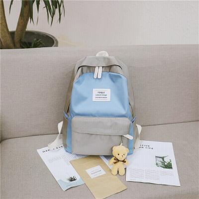 新款小清新撞色双肩包女韩版新款帆布包简约文艺森系高中学生书包SN9426-定制小熊挂件浅蓝色小熊挂件浅蓝色