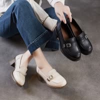 头层牛皮高跟鞋女2026春新款英伦风配裙子小皮鞋厚底粗跟乐福单鞋