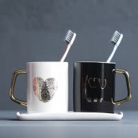 一辈子陶瓷牙杯情侣套装卫生间镀金刷牙杯子牙缸漱口杯一对洗漱杯 三维工匠 一辈子爱心对杯带盘套装w36