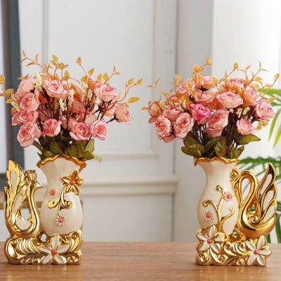 封后欧式陶瓷花瓶插花工艺品套装仿真花天鹅摆件电视柜客厅装饰品摆设大天鹅一对+4束莲边花