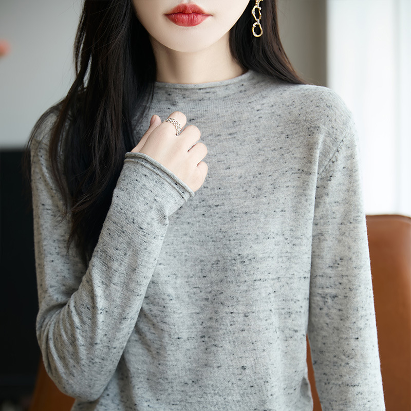 法式软糯花纱长袖针织打底衫女圆领长袖毛衣新款精纺毛衫上衣