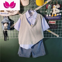 七斓夏季痞帅条纹假衬衫套装男高级感宽松短袖短裤套男装一套