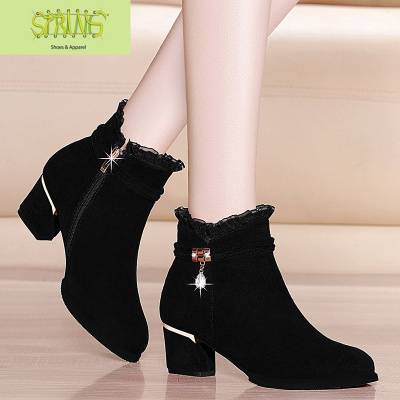 2020新款女鞋春季短靴女中跟百搭单鞋秋冬季加绒磨砂皮高跟鞋粗跟语娄