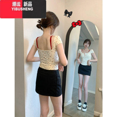YIBUSHENG碎花方领正肩短袖t恤女季修身短款纯欲露背设计感小众辣妹上衣