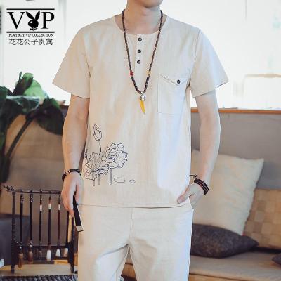 花花公子贵宾夏天宽松休闲男装中国风男士棉麻短袖T恤套装长裤两件套潮流藏青