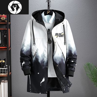 HongZun男士渐变色红色外套上衣2020春秋新款休闲风衣青少年中长款夹克男风衣