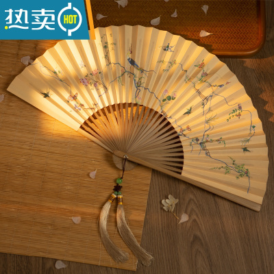 XIANCAI明制孔府花鸟裙折扇8寸30骨油竹古风汉服扇子双面宣纸舞蹈女 油竹(流苏+扇袋)