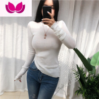七斓2023韩国早春新款少女心薄荷色性感微透薄款针织衫长袖T恤女上衣