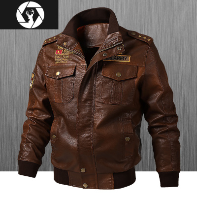 HongZun2020春秋欧美男士皮衣军装皮夹克男修身立领Pu大码休闲机车皮外套皮衣