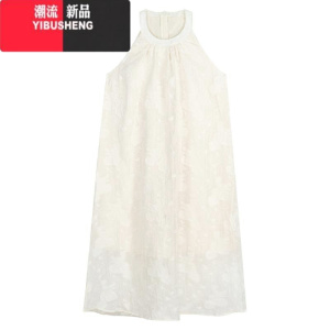 YIBUSHENG甜美雪纺挂脖连衣裙仙女季海边度假裙子气质高级感露肩无袖长裙 杏色 均码