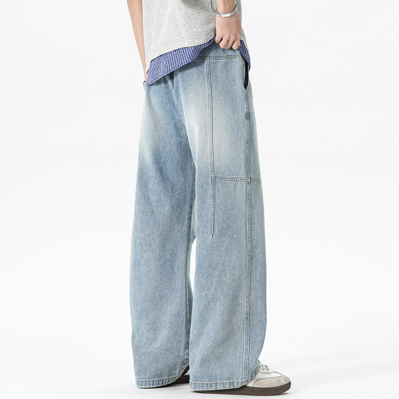 复古蓝渐变水洗牛仔裤 宽松阔腿拼接工装裤 高街潮男百搭长裤