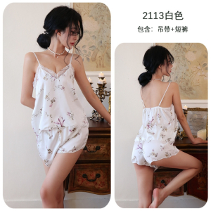 长夜漫漫情趣内衣性感深V诱惑甜美印花吊带短裤两件套家居服2113 白色 均码(80-125斤)