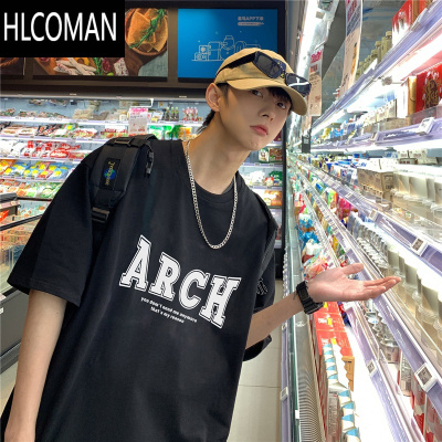 HLCOMANt恤男短袖宽松圆领痞帅百搭上衣夏季韩版潮流字母印花大码体恤衫