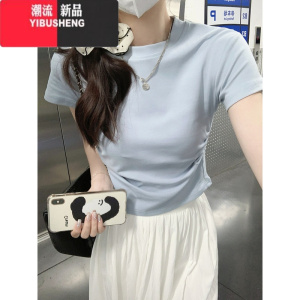 YIBUSHENG正肩t恤女短袖季修身显瘦又甜又辣纯欲不规则褶皱短款小衫上衣
