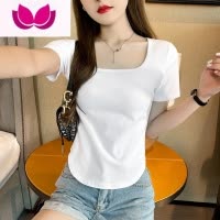 七斓白色正肩短袖t恤女锁骨方领高腰端口上衣夏季U型下摆修身露脐体恤