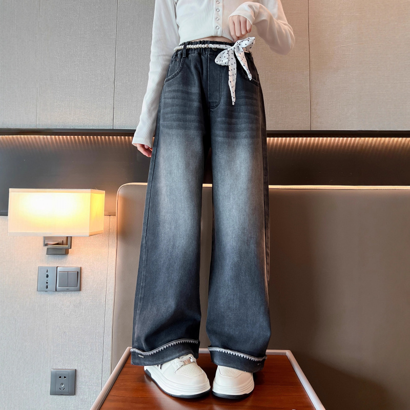 女童牛仔裤春秋款新款初中生大童好看直筒阔腿裤儿童裤子秋季