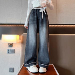 女童牛仔裤春秋款新款初中生大童好看直筒阔腿裤儿童裤子秋季