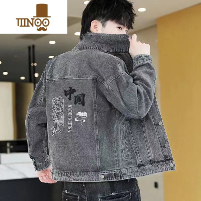 YANXU美式复古牛仔外套男秋季潮牌宽松工装夹克休闲百搭刺绣褂衣服