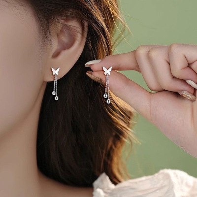 s925银蝴蝶流苏耳环女小众设计感短款流苏耳坠高级感甜美气质耳饰送女朋友老婆情人节七夕生日礼物