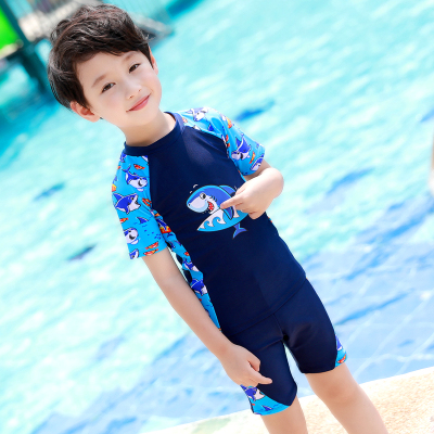 佑游儿童分体游泳衣男童宝宝中大童小孩婴幼儿学生游泳裤泳装套装藏蓝短袖+泳裤-XL(100-110CM)