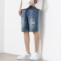 街头潮牌水洗破洞牛仔中裤男士浅蓝宽松直筒五分休闲短裤男5分