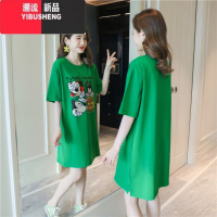 YIBUSHENG绿色连衣裙女宽松韩版大码休闲中长款t恤裙子2024年新款天