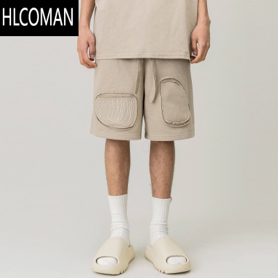 HLCOMAN 不规则破坏刺绣字母短裤男夏季美式高街潮牌运动休闲五分裤