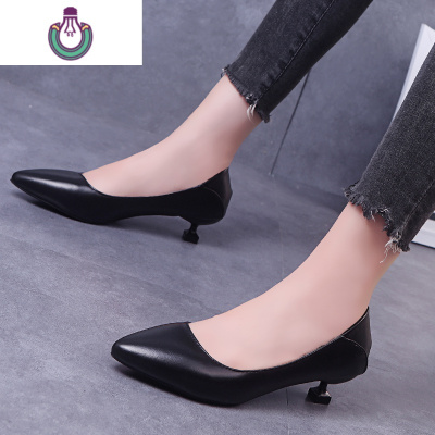 FISHBASKET工鞋女2020新款细跟百搭黑色皮鞋工作鞋前台小跟单鞋女3cm高跟鞋休闲鞋