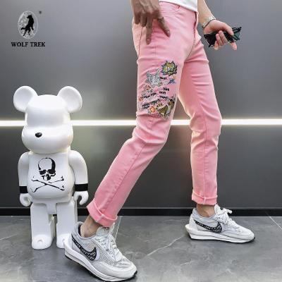 七匹狼国际公司授权WOLFTREK-牛仔裤男2021年新款修身小脚刺绣潮流百搭弹力小直筒裤子秋款