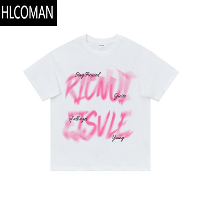 HLCOMAN260g模糊字母短袖T恤男夏季潮牌宽松美式高街情侣五分袖