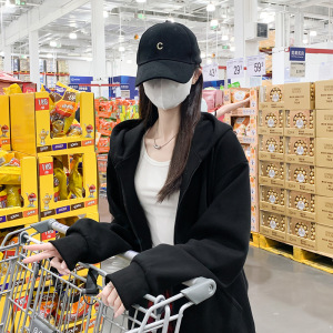 加绒卫衣女新款秋冬季灰色连帽外套大码宽松加厚慵懒美式上衣