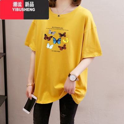 YIBUSHENG2024新款韩版大码女装胖mm中长款短袖t恤女装宽松显瘦上衣