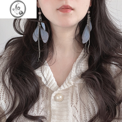 JiMi原创设计 超仙蝴蝶蜻蜓翅膀长流苏耳环 度假风仙女耳夹耳饰长耳坠