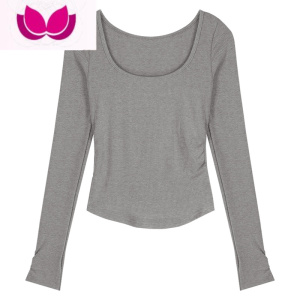 七斓纯欲风方领长袖T恤女春季2023新款辣妹下摆弧形修身显瘦短款上衣