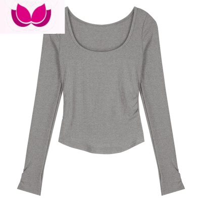 七斓纯欲风方领长袖T恤女春季2023新款辣妹下摆弧形修身显瘦短款上衣