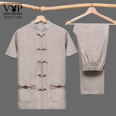 花花公子贵宾M-7XL中国风中老年唐装男短袖棉麻套装加肥大码爸爸装款