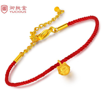 御纯金珠宝黄金手链女款铃铛猫手绳小铃铛转运珠3D硬金铃铛吊坠
