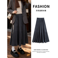 金丝绒半身裙女秋冬新款胖mm大码a字半裙垂坠感百褶灰色长裙_139