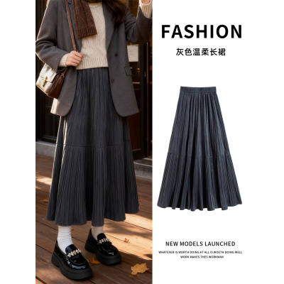 金丝绒半身裙女秋冬新款胖mm大码a字半裙垂坠感百褶灰色长裙_139