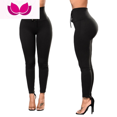 七斓骆诗女装黑色高腰弹力裤系带固件护腿运动裤瑜伽紧身拼接打底裤子