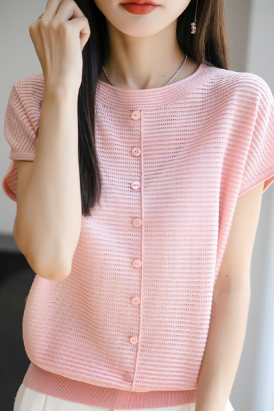 夏季女装新款曲珠冰麻丝短袖女针织衫T恤女圆领背心上衣