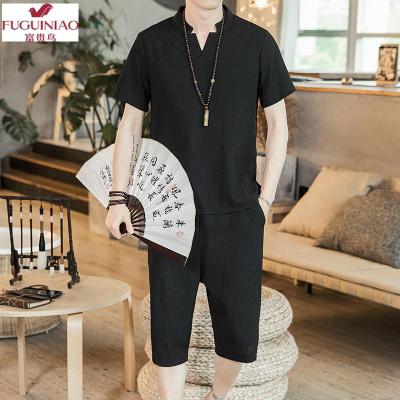 富贵鸟（FUGUINIAO）2021夏季中国风男棉麻套装亚麻大码两件套短袖+短裤咖啡厅